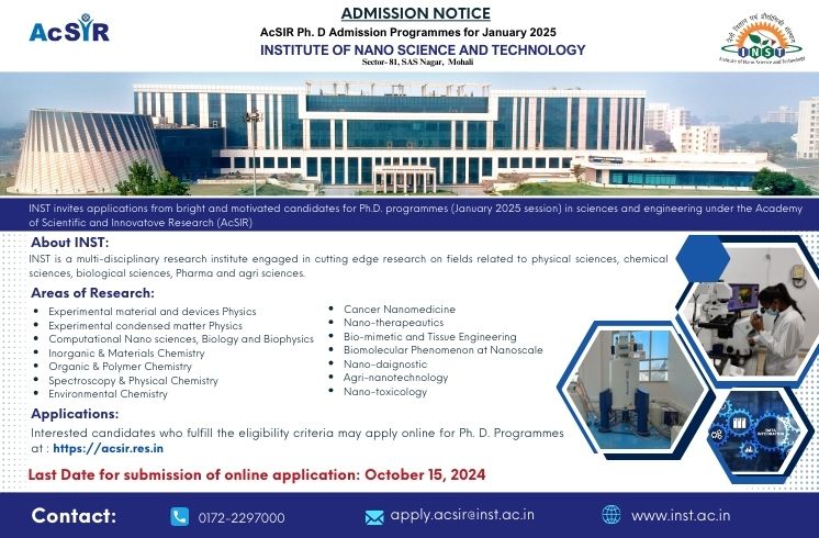 Latest update: INST-AcSIR Ph. D.  Advertisement for the January 2025 session